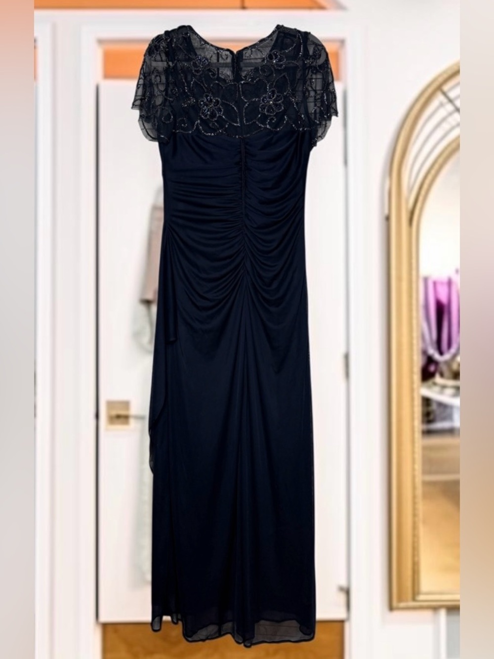 XSCAPE Dahlia Long Sheer Matte Jersey Beaded Top Dress coquette Navy Size 12 - Picture 6 of 15